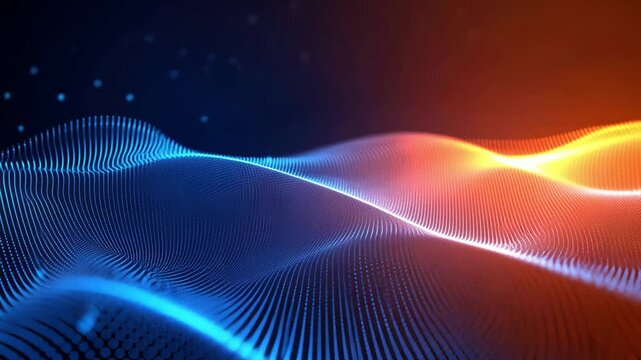 Dynamic digital waves in blue and orange create abstract background that evokes movement and energy, showcasing beauty of technology and innovative design.