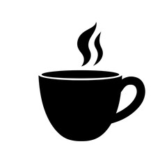 Simple black and white vector illustration of a coffee cup with steam, representing warmth, relaxation, and coffee culture.
