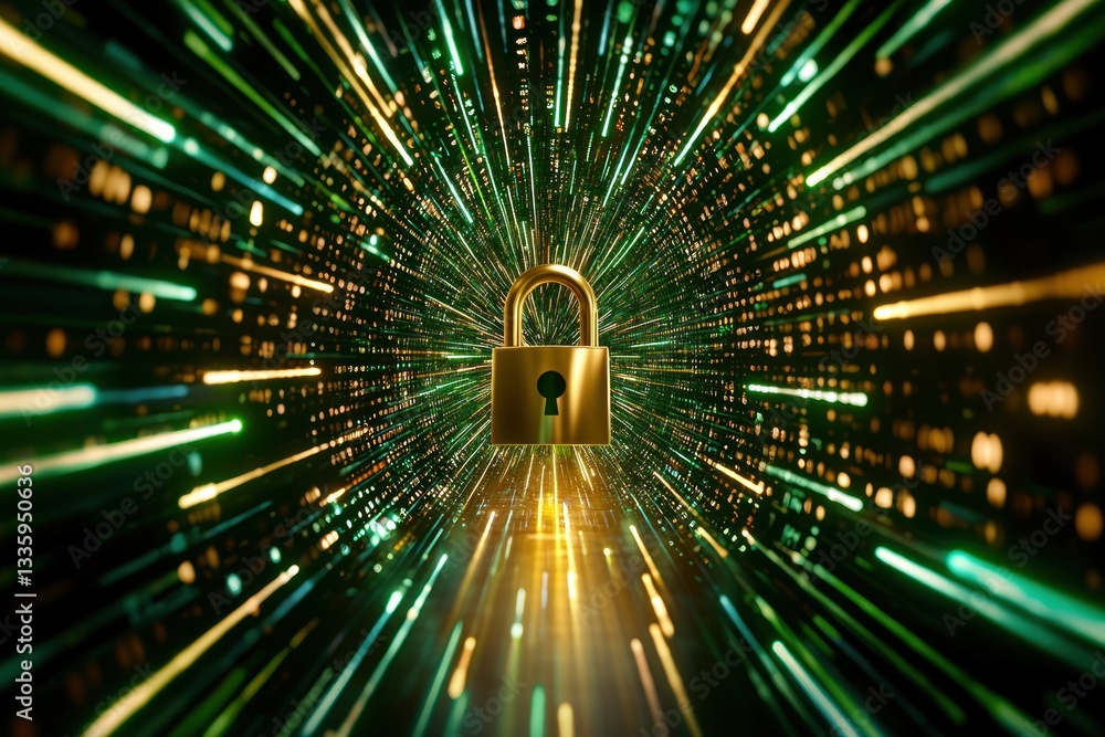 Aufkleber golden padlock safeguarding data flow within quantum tunnel secure cyber technology and innovative d