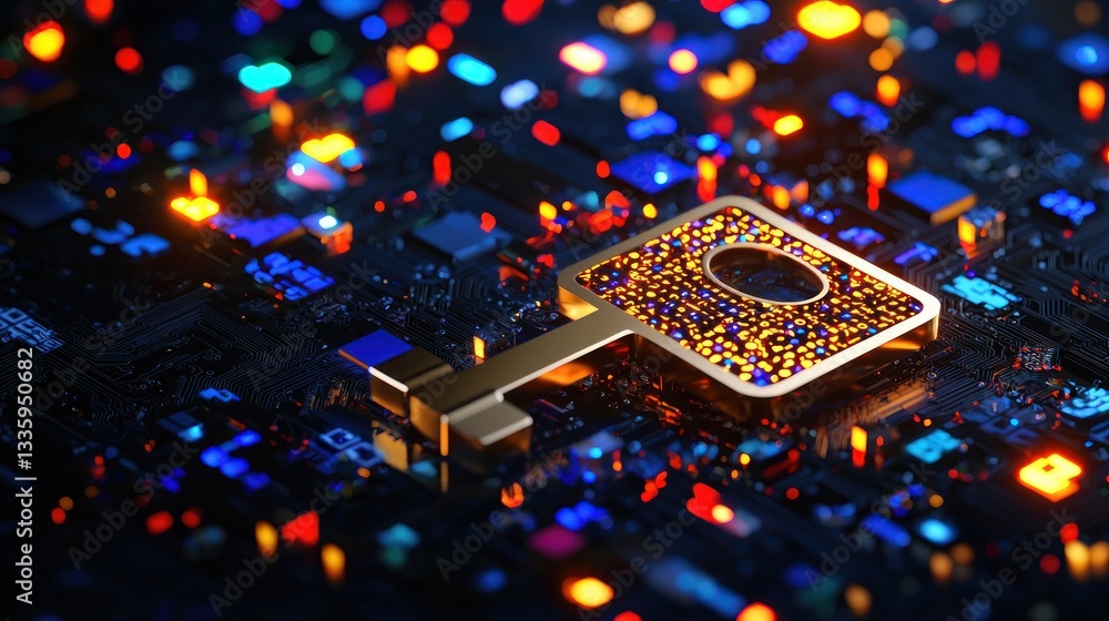 Aufkleber golden key on illuminated futuristic circuit board represents security blockchain innovation and dig