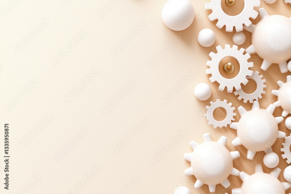 Poster elegant gear mechanism and sphere composition on a neutral background for engineering concepts