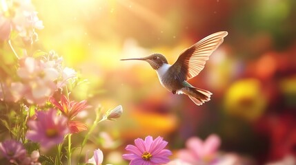 Hummingbird in Flight Among Blossoming Flowers