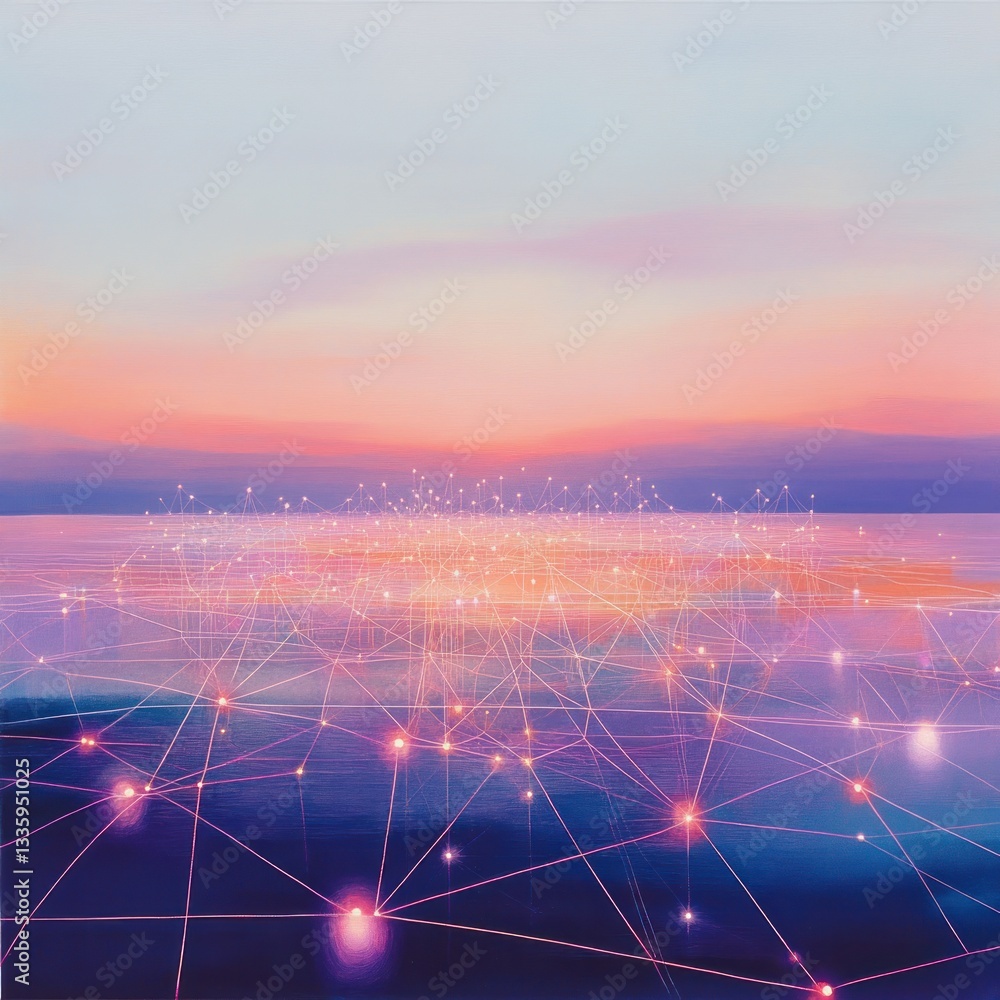 Poster ethereal data network at sunset digital nodes connecting over soft purple and pink sky abstract conc