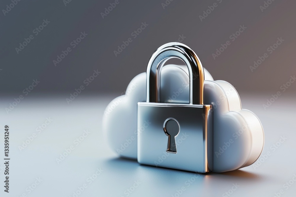 Poster shiny metallic padlock securing a digital cloud data protection security concept elegant minimalisti