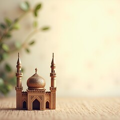 Miniature mosque model, golden domed structure, delicate minarets, wooden surface, soft focus background, green leaves in foreground, beige tones, nostalgic atmosphere, intricate Islamic architecture,