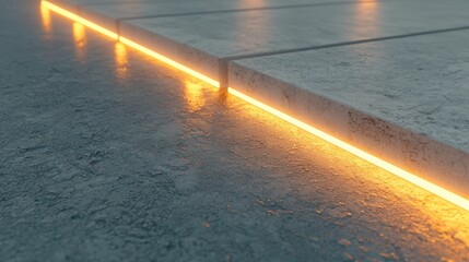 A 3D rendering of a concrete floor with a glowing orange line running down the center.