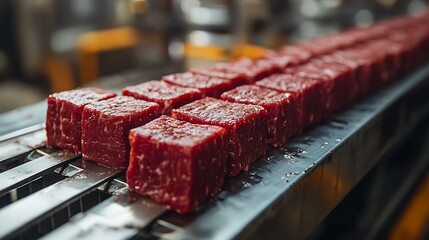 Processing red meat cuts food industry conveyor belt factory close-up quality control