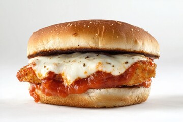 Appetizing chicken parmesan sandwich on a sesame seed bun presented on a white background