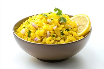 Vibrant upma breakfast dish served in bowl bright yellow colors with onion lemon and coriander close up shot