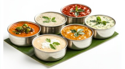 Assortment of delicious traditional indian chutneys in silver bowls placed on a green banana leaf cuisine