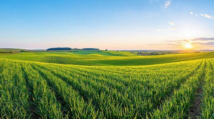 Naklejka premium Verdant Horizon Landscape of Green Field at Sunset Agriculture Background Crop Growth Farming Rural Scenery Countryside Horizon