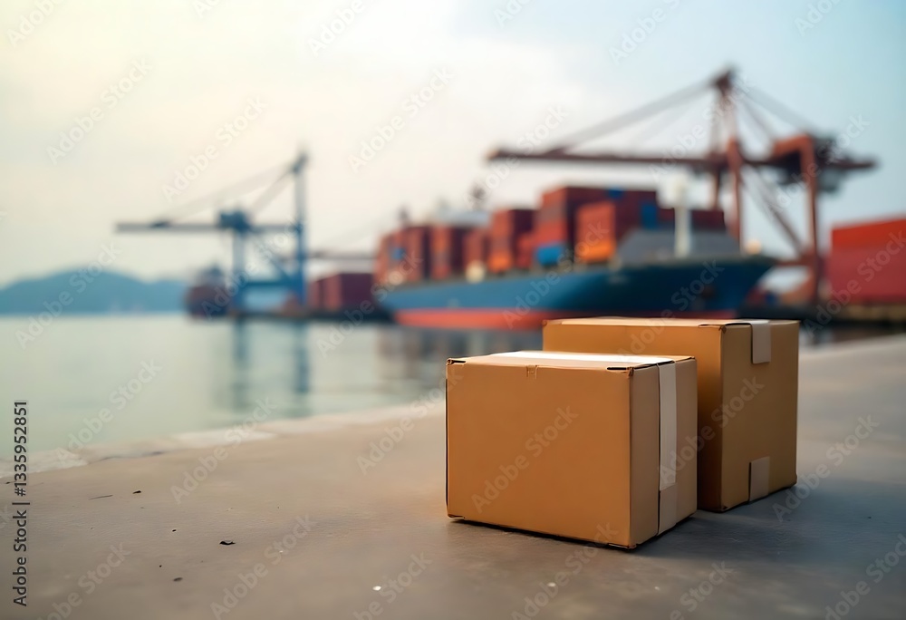 Poster generative ai image of shipping boxes at a port with cargo ship