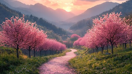 Serene sunset cherry blossoms in mountain valley