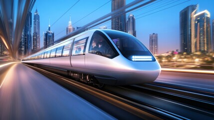 Sleek monorail glides through a futuristic cityscape, embodying advanced urban mobility and innovation.
