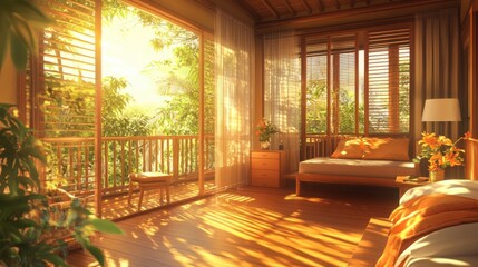Fototapeta premium Cozy Bedroom Bathed in Golden Sunlight