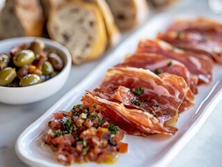 Appetizing arrangement featuring flavorful cured ham olives bread on a rectangular plate exquisite food photography