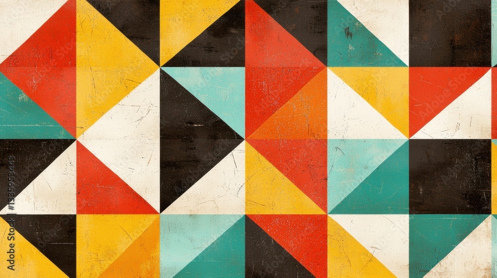Poster a geometric pattern of triangles in various colors and sizes.