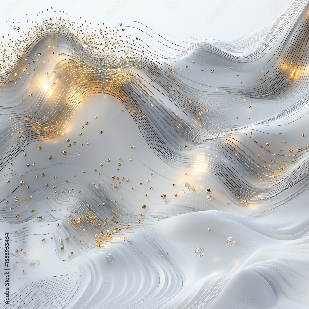 Poster golden spheres on white layered abstract landscape creating a textured elegant background design