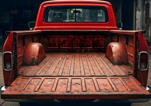 old car in the street, Back old rusted red pickup truck truck facing Back Of Old Truck