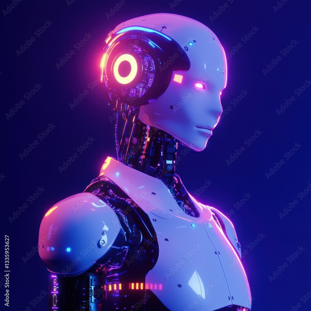 Poster futuristic humanoid robot in a cybernetic neon lit world against dark background creating sci fi moo
