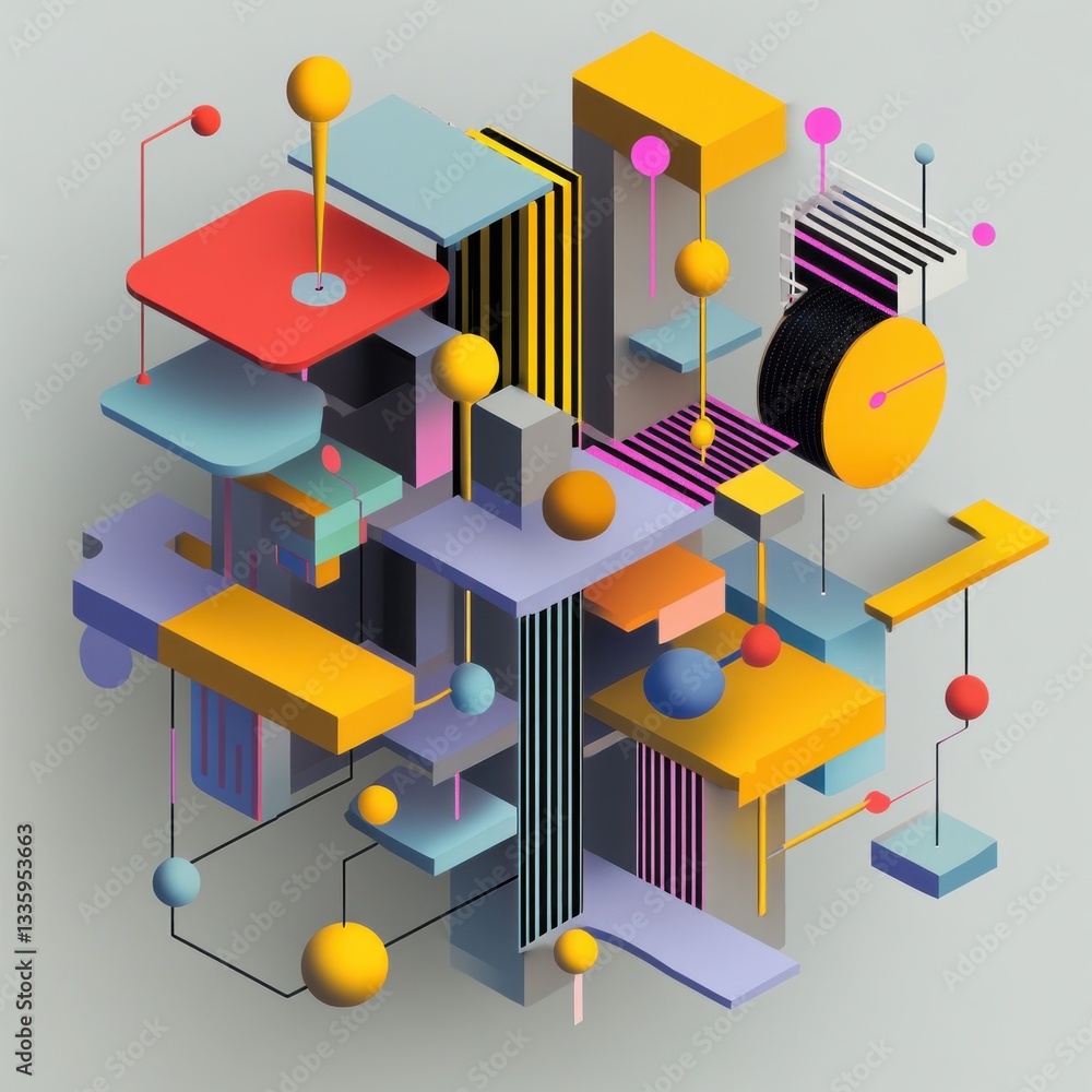 Poster geometric arrangement creative composition contemporary art abstract design 3d rendering shapes isom