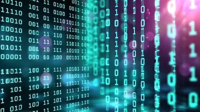 Abstract representation of digital binary code cascading in a futuristic environment
