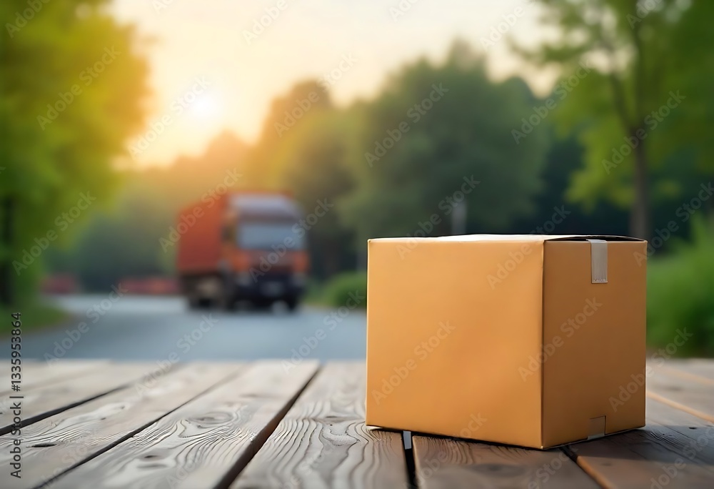 Poster generative ai image of a cardboard box with truck in background