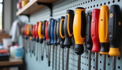 A row of colorful screwdrivers is neatly arranged on a tool rack in a workshop, showcasing efficiency and preparation. Represents craftsmanship, labor, and the importance of skilled trades.