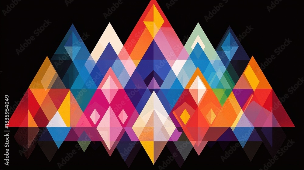 Poster a vibrant abstract composition of overlapping triangles in various colors and sizes, set against a s