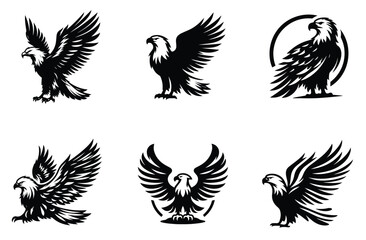 Naklejka premium Elegant Eagle Silhouette Vector Set with Striking Flying and Perched Designs for Logos, Tattoos, and Graphic Creations in Classic Black and White
