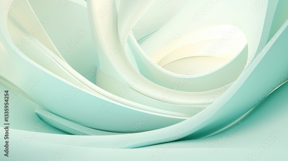 Poster a 3d rendering of abstract art featuring curved, overlapping shapes in a light blue and white color 