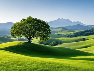 Lush Green Landscape with a Majestic Tree and Mountains in the Background