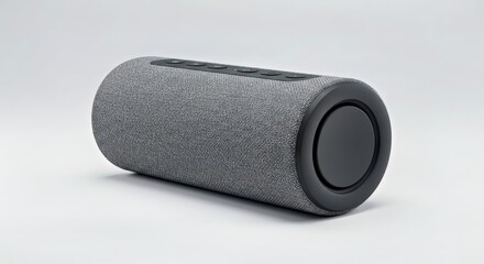 A portable smart speaker with a cylindrical design and fabric covering