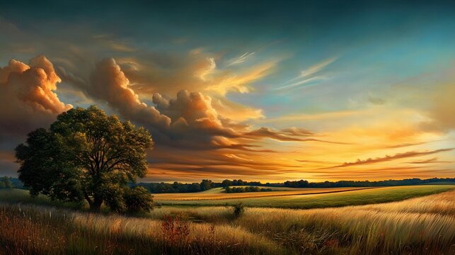 Serene Sunset Landscape Golden Hour over Rolling Fields and a Lonely Tree