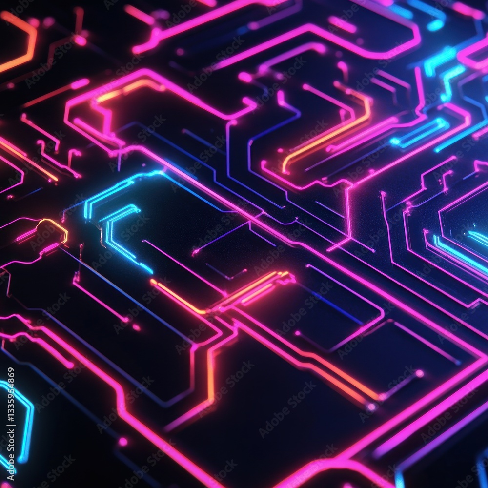 Poster electric flow circuit board with neon colors and abstract lines glowing in the dark digital backgrou