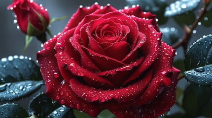 The image features a vivid red rose with water droplets, surrounded by dark green leaves. The background is blurred, and the lighting is natural, enhancing the petals' vividness and creating a romanti