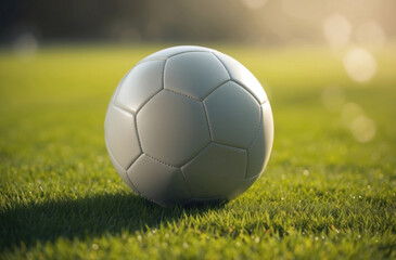 Fototapeta premium soccer ball resting on a lush vibrant green grass field, evoking imagery of sport leisure and outdoor activity.