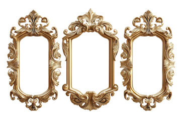 Three ornate gold frames on black background elegant decor luxury design isolated on transparent background