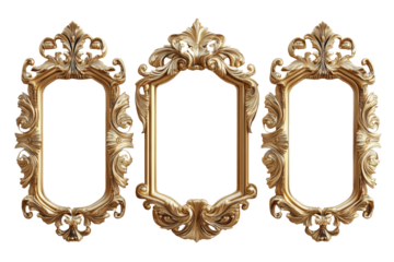 Three ornate gold frames on black background elegant decor luxury design isolated on transparent background