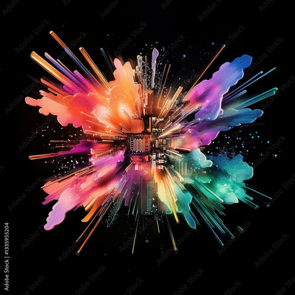 Aufkleber abstract explosion of vibrant colors against a dark background forming intricate geometric patterns 