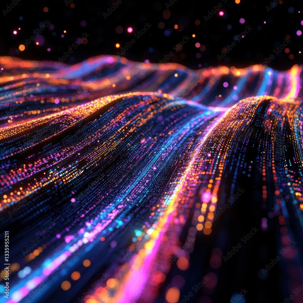 Poster abstract particle flow wavy gradient background with dynamic dots in neon pink orange and blue