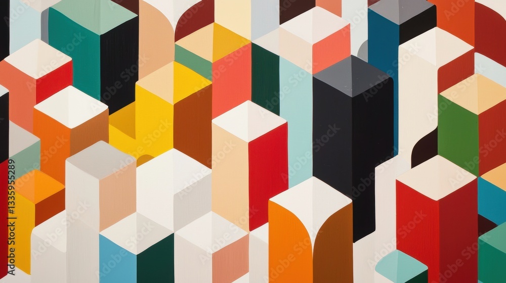 Poster a vibrant abstract composition of geometric shapes in various colors and sizes.