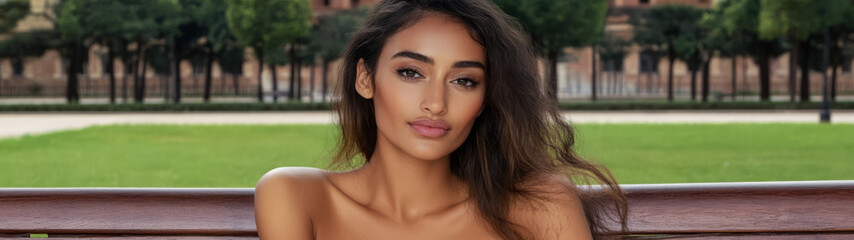 Obraz premium Young woman enjoying a sunny day in a park with lush greenery and trees