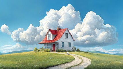 Fototapeta premium Charming Red Roofed House on a Hilltop Meadow under Fluffy Clouds