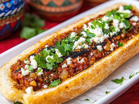Delicious open faced sandwich brimming with flavorful tomato sauce and fresh cilantro and crumbly cheese on white plate
