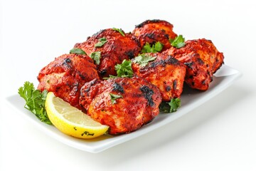 Aromatic indian chicken tikka on plate with lemon garnish showcasing tasty cuisine delicious meal