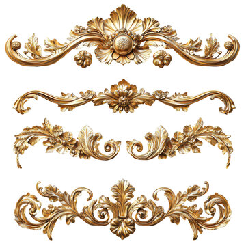 Gold Ornate Baroque Style Decorative Elements Design isolated on transparent background