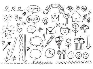 Cute element doodle cartoon hand drawn black line icon set , coloring book for kids