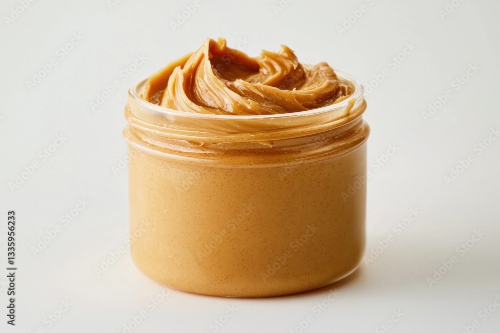 Poster delightful swirl of creamy peanut butter in a jar against a soft neutral background overhead view ca