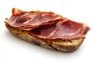 Delicious spanish jamon serrano with rustic bread studio shot savory snack on white background food concept